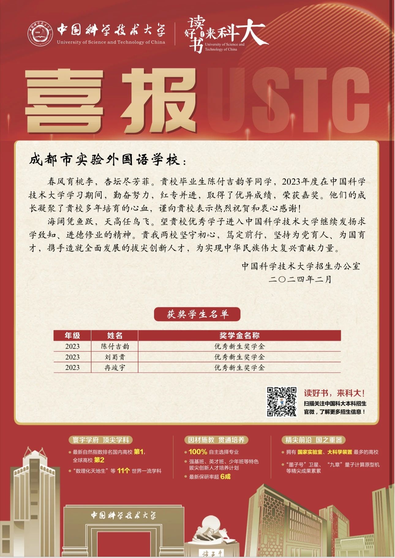 喜报 | 8人次获得中国科学技术大学奖学金